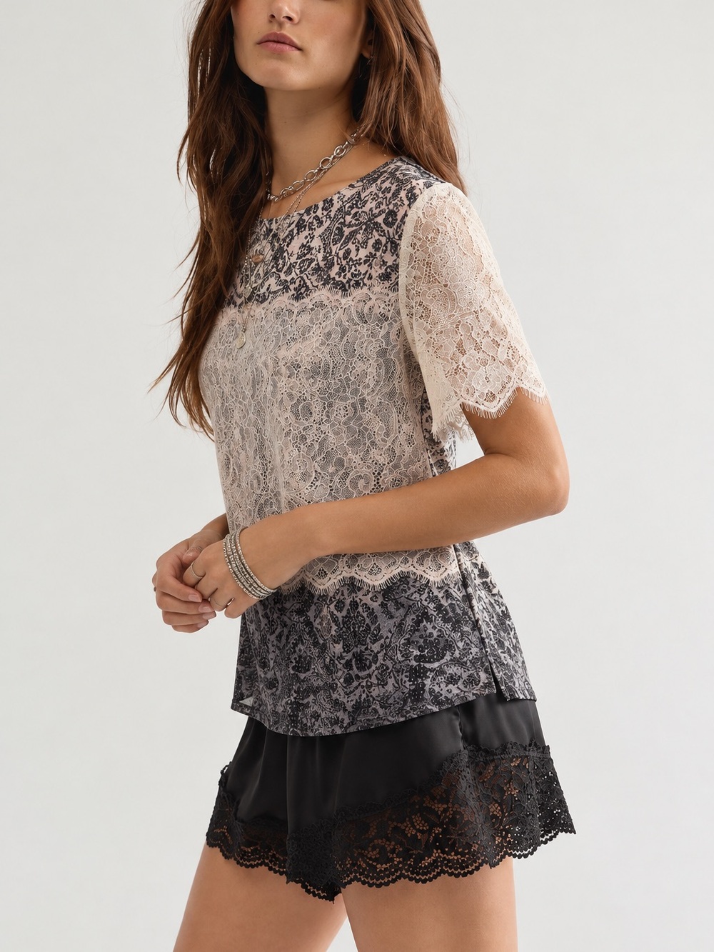 309. Lace Overlay Short Sleeve Top in Cream and Black
